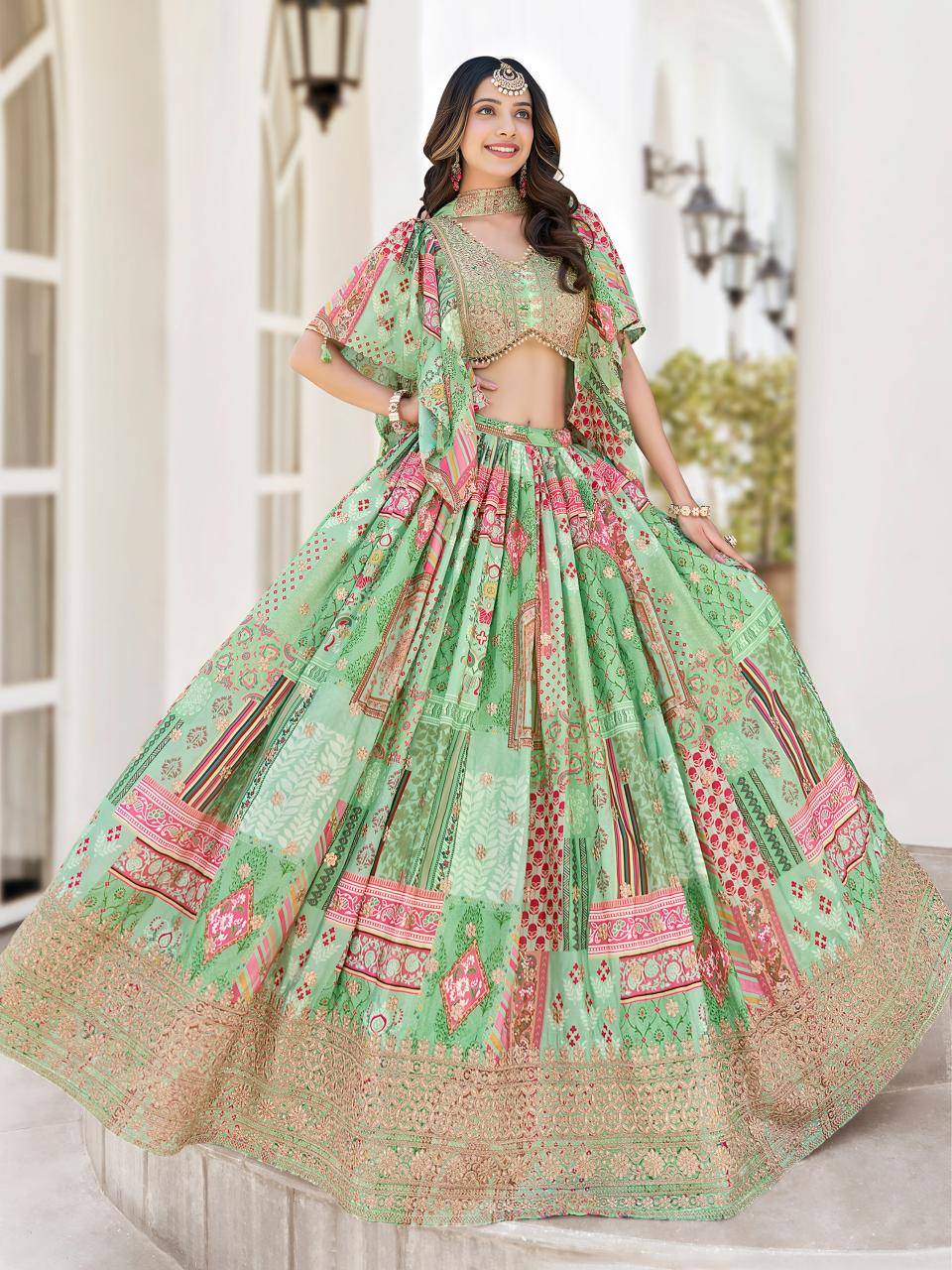 Queen Multicolor Chinnon Silk Green Lehenga choli supplier directory